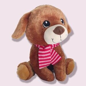 Kellytoy Brown Sitting Dog Red White Scarf Embroidered Eyes 8in